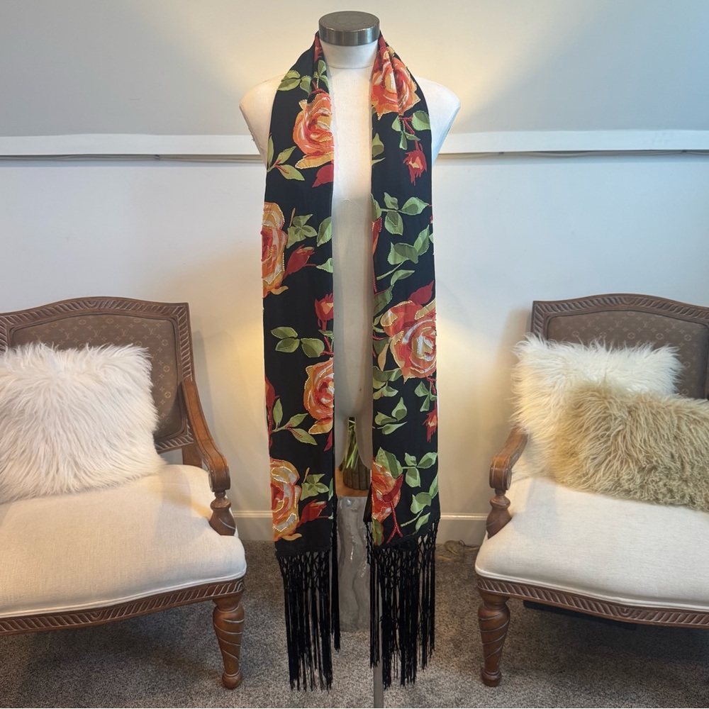 Vintage Floral Rose Print Scarf with Beaded and Fringe Details